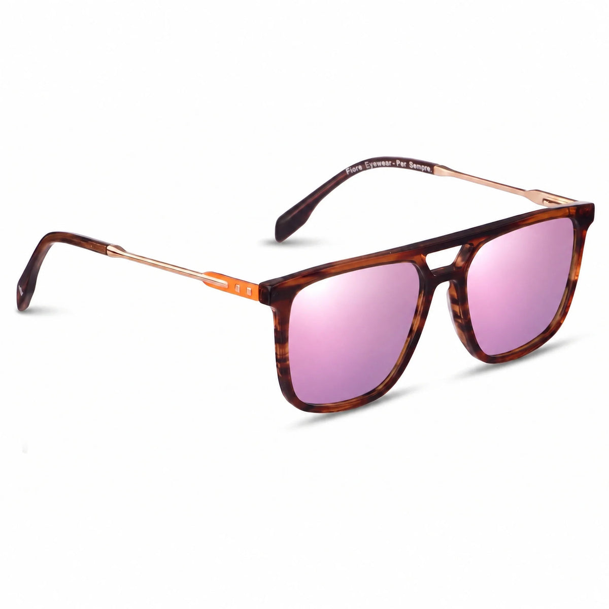 Lentes de sol Fiore 10177 Carey con cristal espejado rosado polarizado UV400, vista en tres cuartos para hombre y mujer #color_espejado-rosado