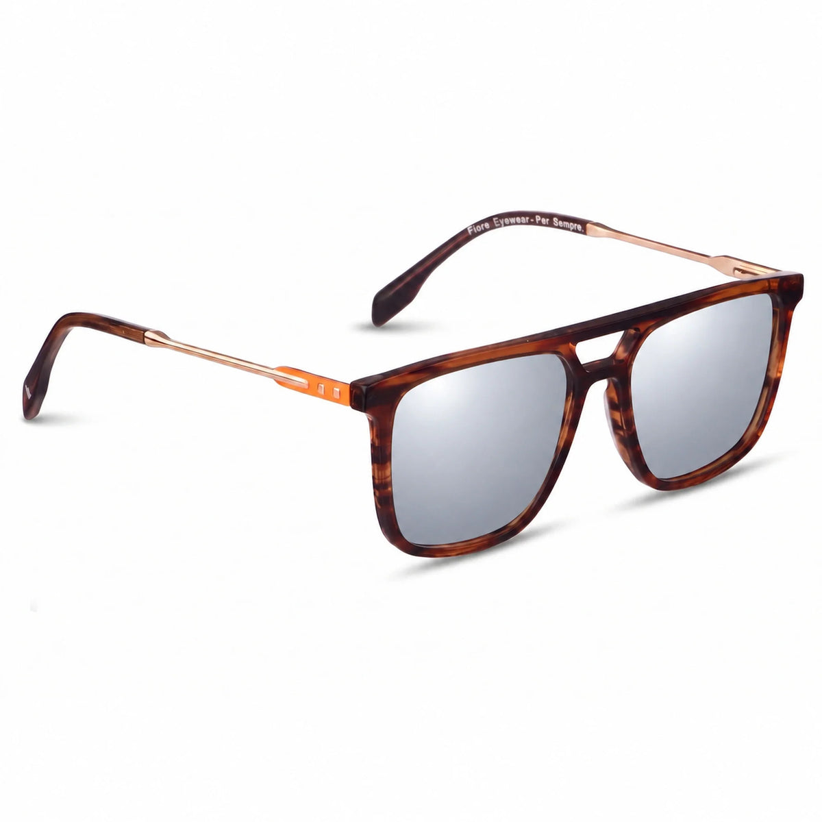 Lentes de sol Fiore 10177 Carey con cristal espejado silver polarizado UV400, vista en tres cuartos para hombre y mujer #color_espejado-silver