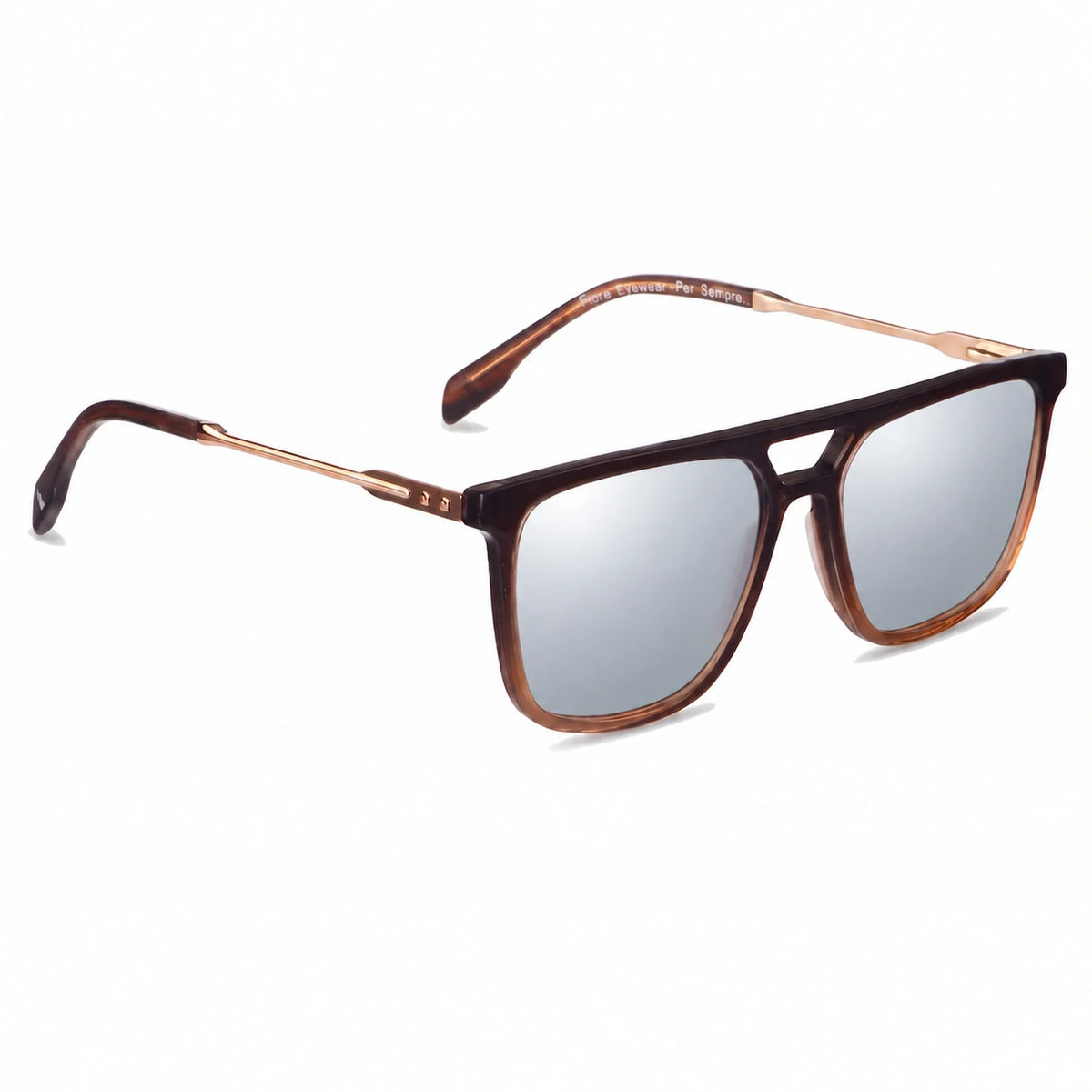 Lentes de sol Fiore 10177 Brown con cristal espejado silver polarizado UV400, vista en tres cuartos para hombre y mujer #color_espejado-silver