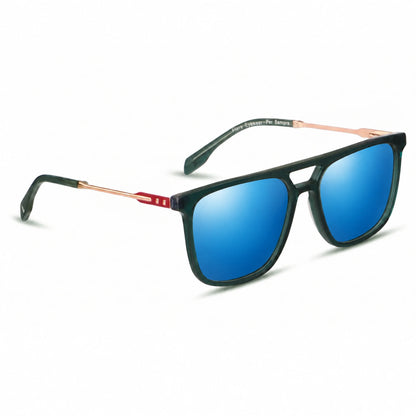Lentes de sol Fiore 10177 Verde con cristal espejado azul polarizado UV400, vista en tres cuartos para hombre y mujer #color_espejado-azul