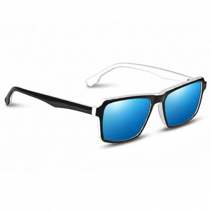 Lentes de sol Fiore 1038 Blanco con cristal espejado azul polarizado UV400, vista en tres cuartos para hombre y mujer #color_espejado-azul
