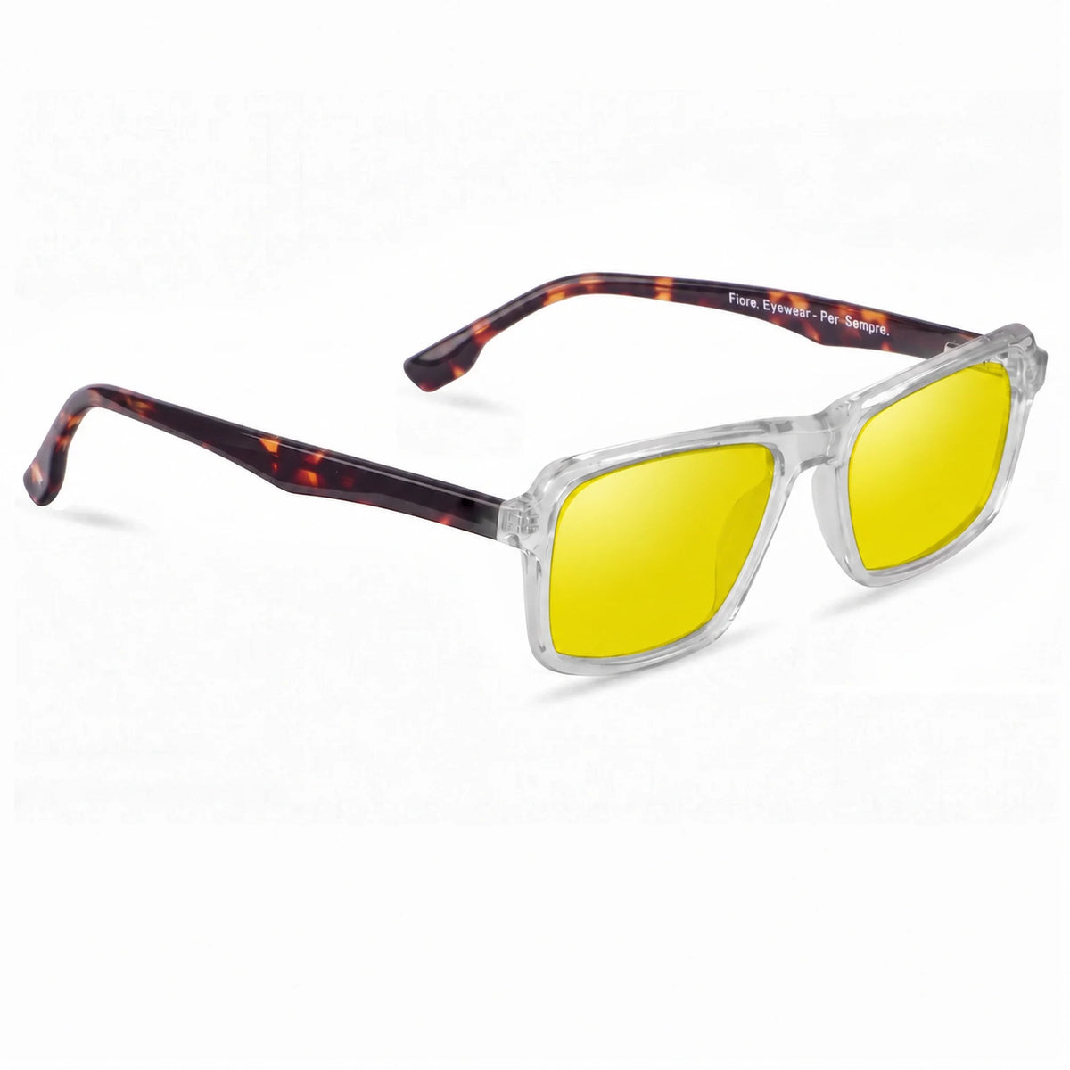 Lentes de sol Fiore 1038 Transparente con cristal amarillo polarizado UV400, vista en tres cuartos para hombre y mujer #color_amarillo
