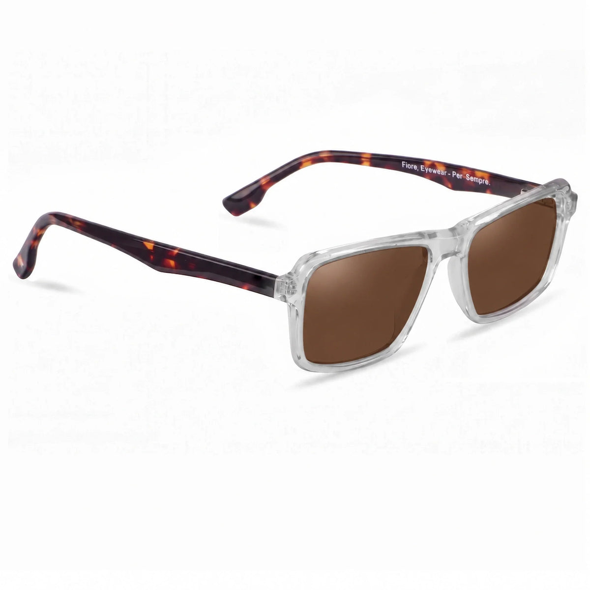 Lentes de sol Fiore 1038 Transparente con cristal café polarizado UV400, vista en tres cuartos para hombre y mujer #color_cafe