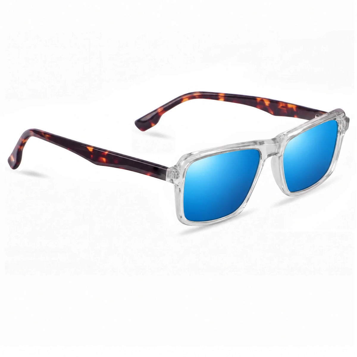Lentes de sol Fiore 1038 Transparente con cristal espejado azul polarizado UV400, vista en tres cuartos para hombre y mujer #color_espejado-azul