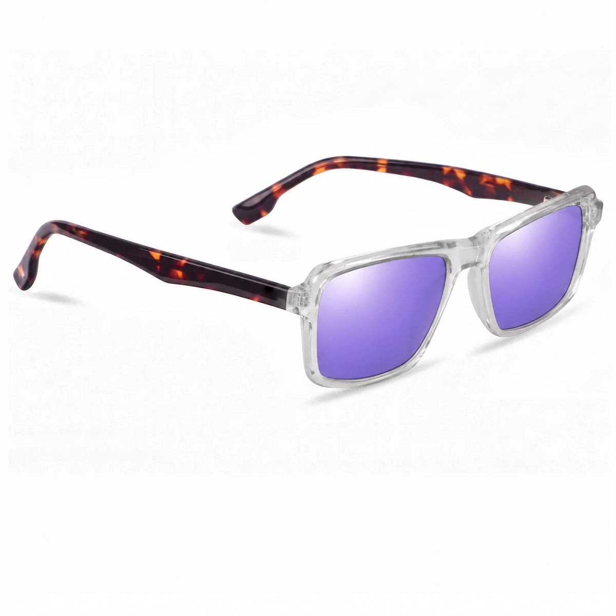 Lentes de sol Fiore 1038 Transparente con cristal espejado morado polarizado UV400, vista en tres cuartos para hombre y mujer #color_espejado-morado