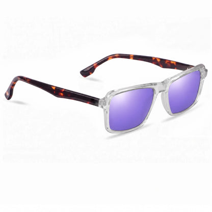 Lentes de sol Fiore 1038 Transparente con cristal espejado morado polarizado UV400, vista en tres cuartos para hombre y mujer #color_espejado-morado