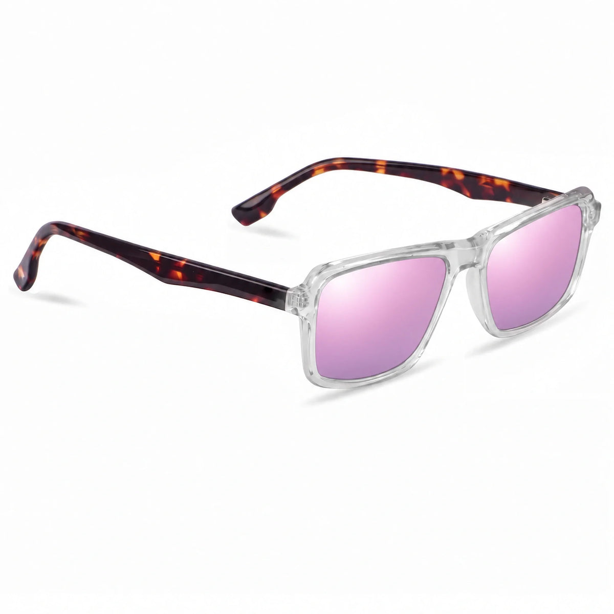 Lentes de sol Fiore 1038 Transparente con cristal espejado rosado polarizado UV400, vista en tres cuartos para hombre y mujer #color_espejado-rosado