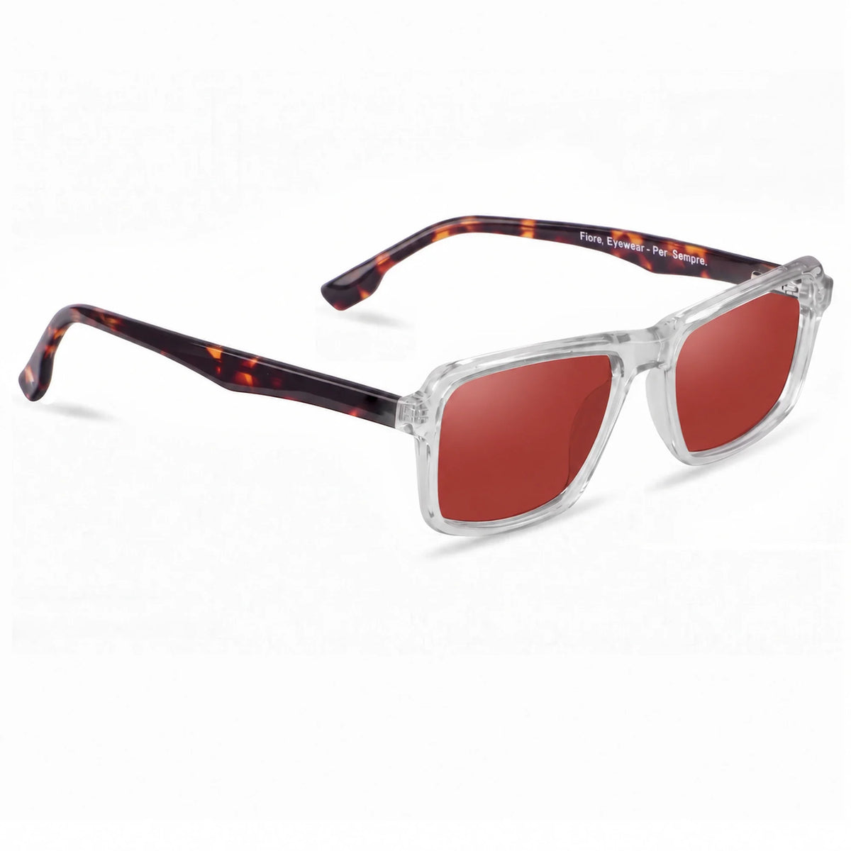 Lentes de sol Fiore 1038 Transparente con cristal rojo polarizado UV400, vista en tres cuartos para hombre y mujer #color_rojo