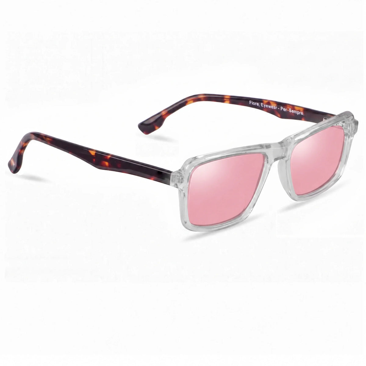 Lentes de sol Fiore 1038 Transparente con cristal rosado polarizado UV400, vista en tres cuartos para hombre y mujer #color_rosado