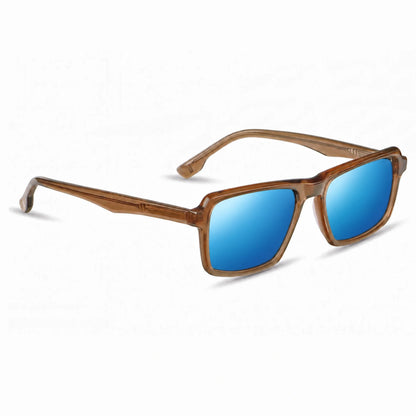 Lentes de sol Fiore 1038 Brown con cristal espejado azul polarizado UV400, vista en tres cuartos para hombre y mujer #color_espejado-azul