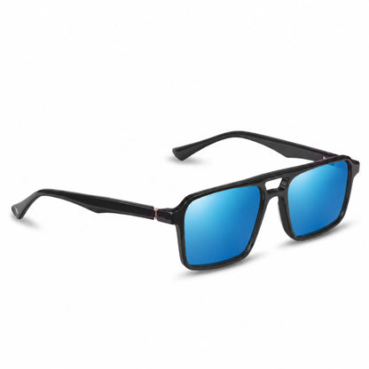 Lentes de sol Fiore 1039 Negro con cristal espejado azul polarizado UV400, vista en tres cuartos para hombre y mujer #color_espejado-azul