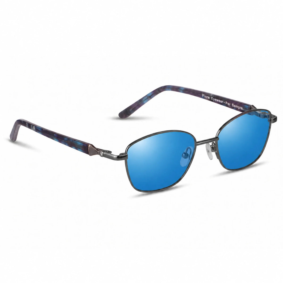 Lentes de sol Fiore 2208 Gris con cristal espejado azul polarizado UV400, vista en tres cuartos para mujer #color_espejado-azul