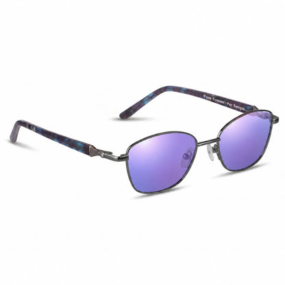 Lentes de sol Fiore 2208 Gris con cristal espejado morado polarizado UV400, vista en tres cuartos para mujer #color_espejado-morado