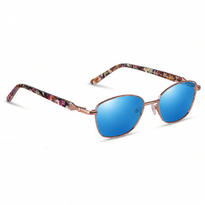Lentes de sol Fiore 2208 Carey con cristal espejado azul polarizado UV400, vista en tres cuartos para mujer #color_espejado-azul