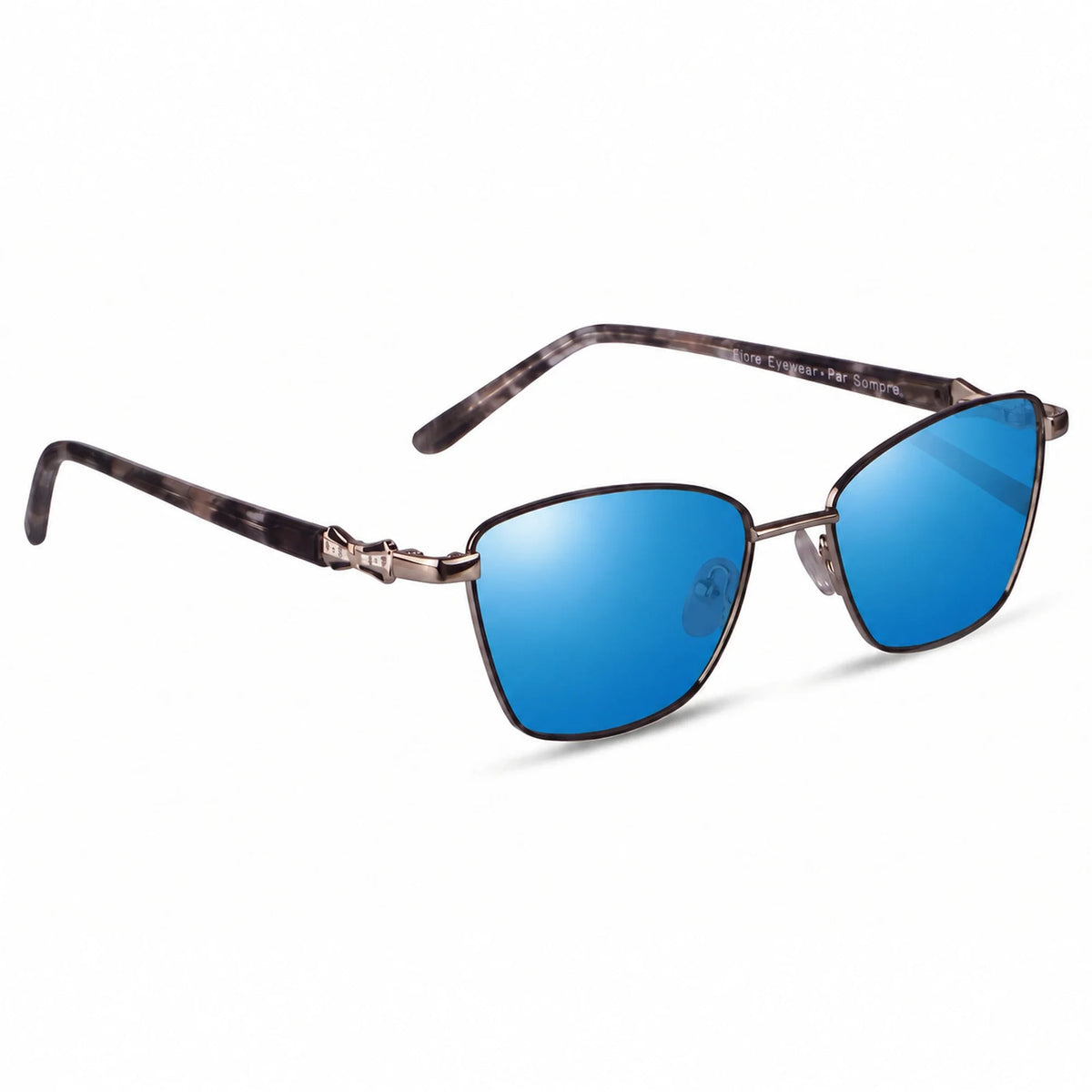 Lentes de sol Fiore 22115 Gris con cristal espejado azul polarizado UV400, vista en tres cuartos para mujer #color_espejado-azul