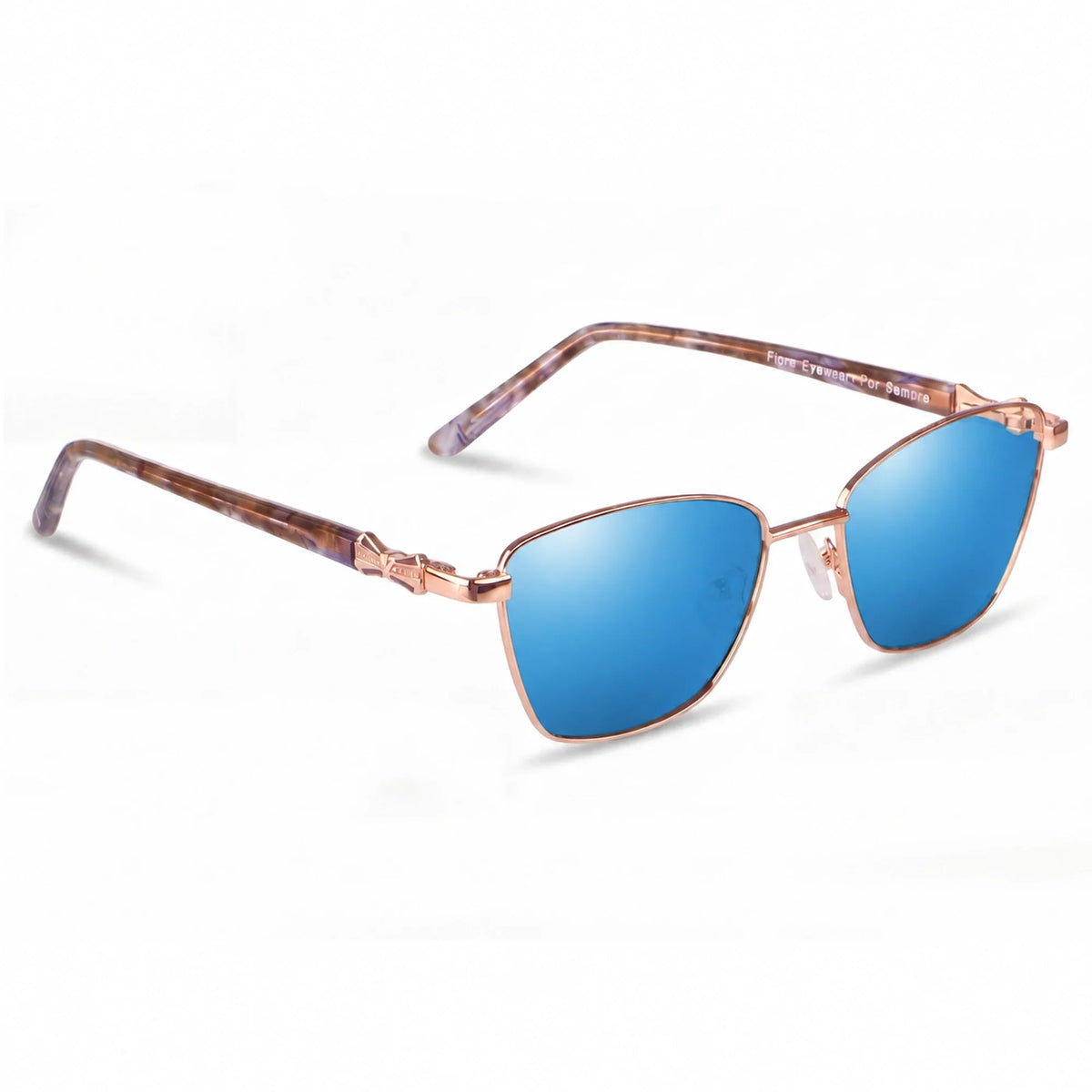 Lentes de sol Fiore 22115 Dorado con cristal espejado azul polarizado UV400, vista en tres cuartos para mujer #color_espejado-azul