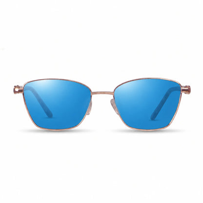 Lentes de sol Fiore 22115 Dorado con cristal espejado azul polarizado UV400, vista frontal para mujer #color_espejado-azul #foto_frontal