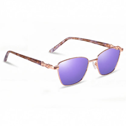 Lentes de sol Fiore 22115 Dorado con cristal espejado morado polarizado UV400, vista en tres cuartos para mujer #color_espejado-morado