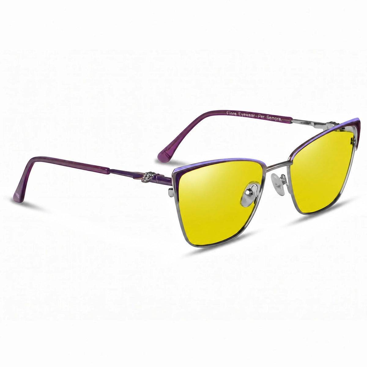 Lentes de sol Fiore 3839 Morado con cristal amarillo polarizado UV400, vista en tres cuartos para mujer #color_amarillo