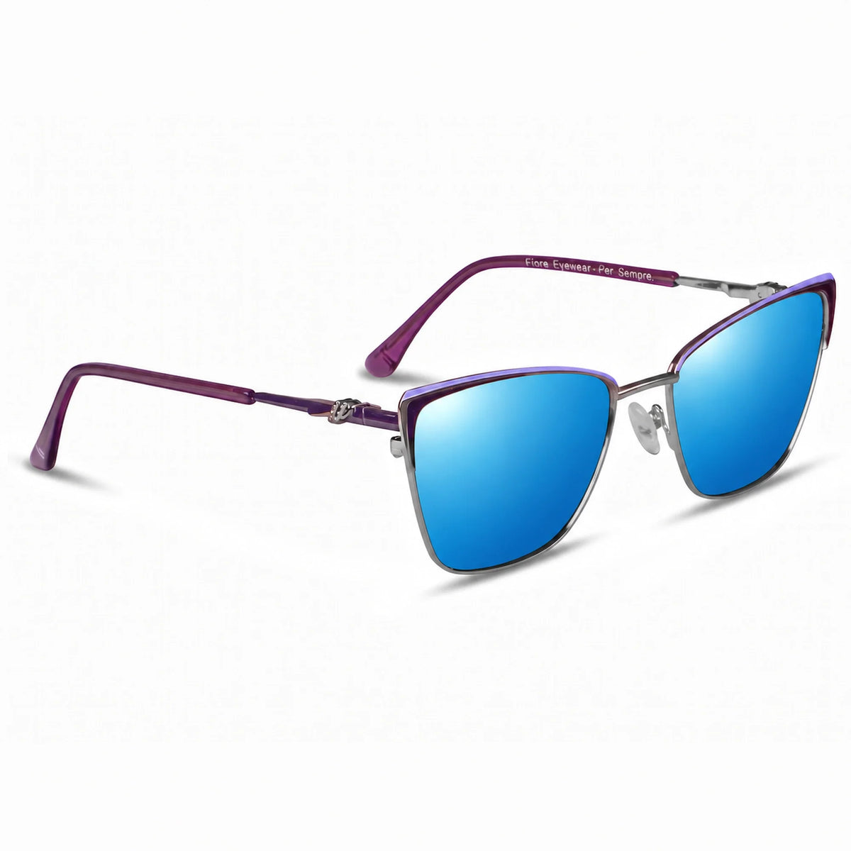 Lentes de sol Fiore 3839 Morado con cristal espejado azul polarizado UV400, vista en tres cuartos para mujer #color_espejado-azul