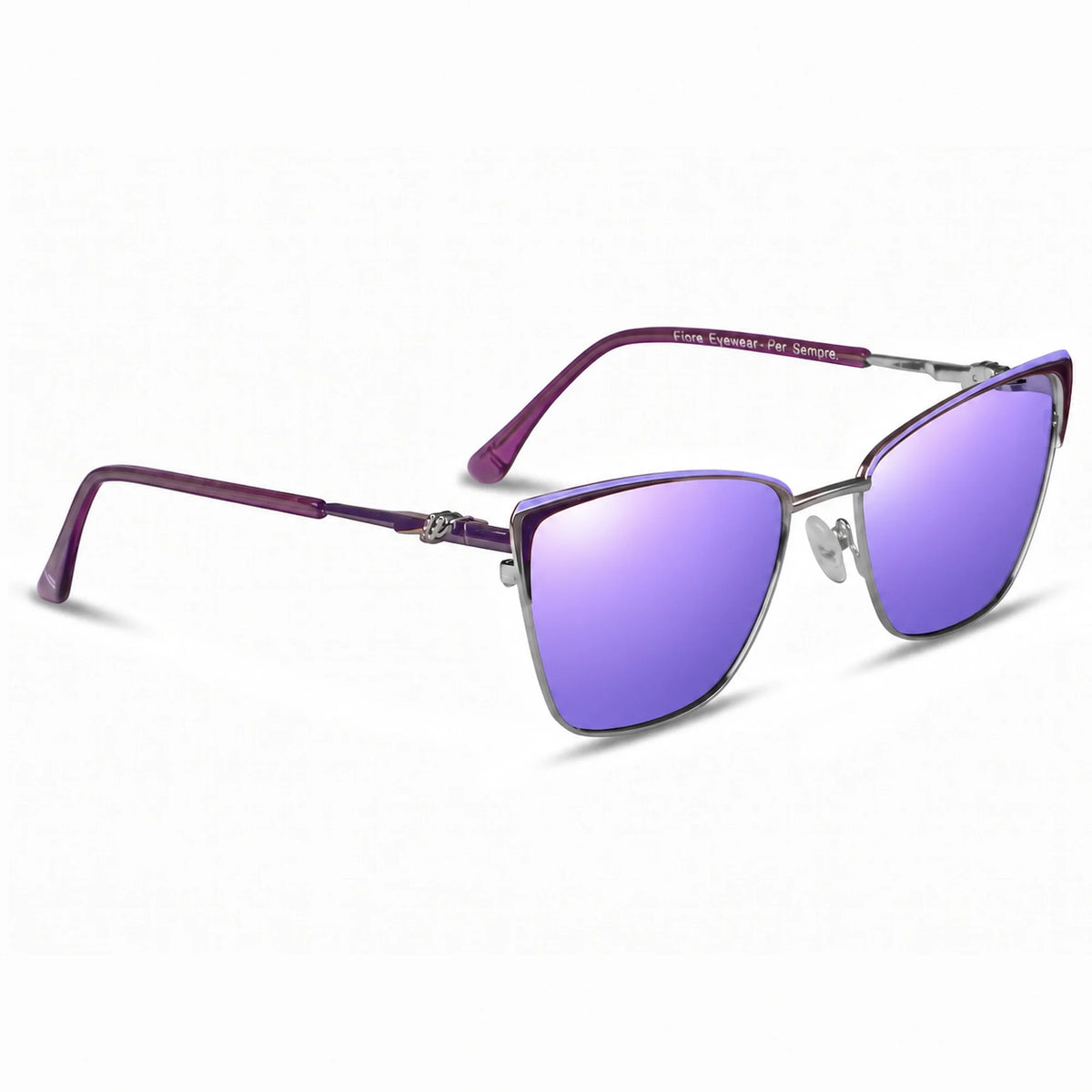 Lentes de sol Fiore 3839 Morado con cristal espejado morado polarizado UV400, vista en tres cuartos para mujer #color_espejado-morado