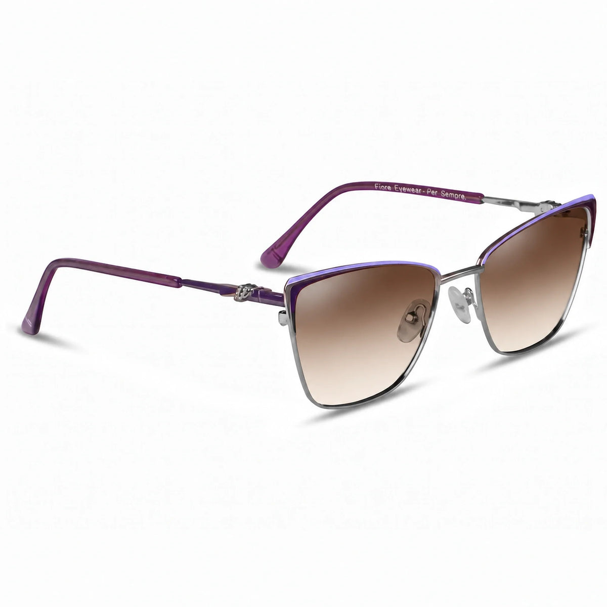 Lentes de sol Fiore 3839 Morado con cristal gradiente café polarizado UV400, vista en tres cuartos para mujer #color_gradiente-cafe