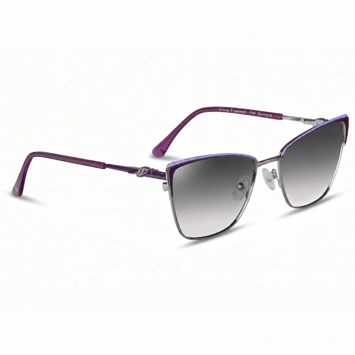 Lentes de sol Fiore 3839 Morado con cristal gradiente gris polarizado UV400, vista en tres cuartos para mujer #color_gradiente-gris