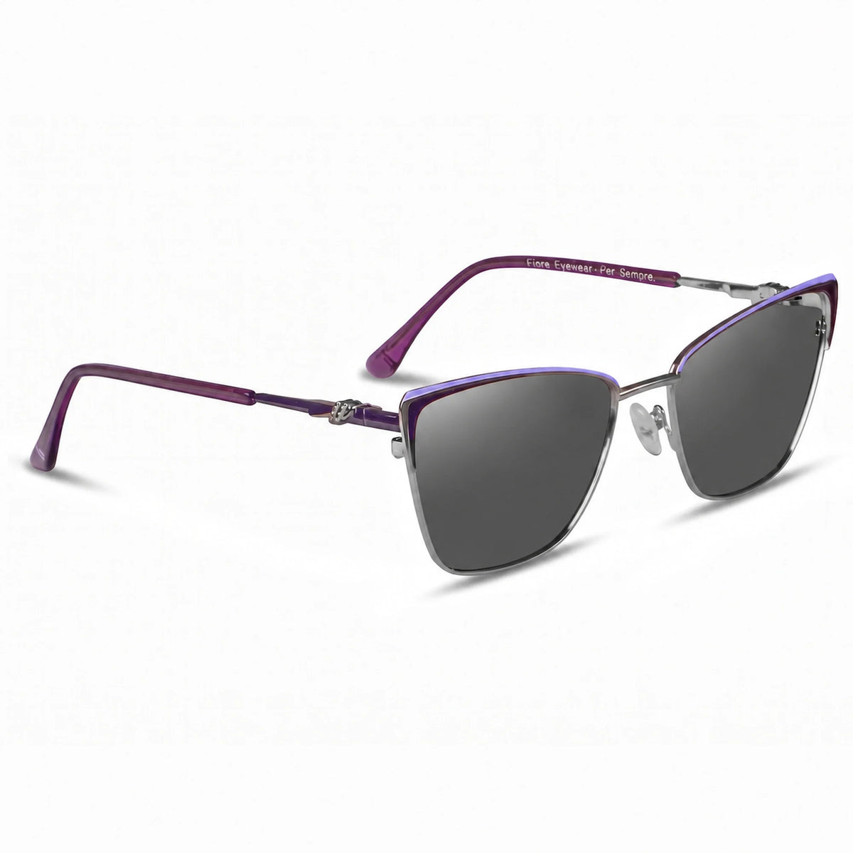 Lentes de sol Fiore 3839 Morado con cristal negro polarizado UV400, vista en tres cuartos para mujer #color_negro