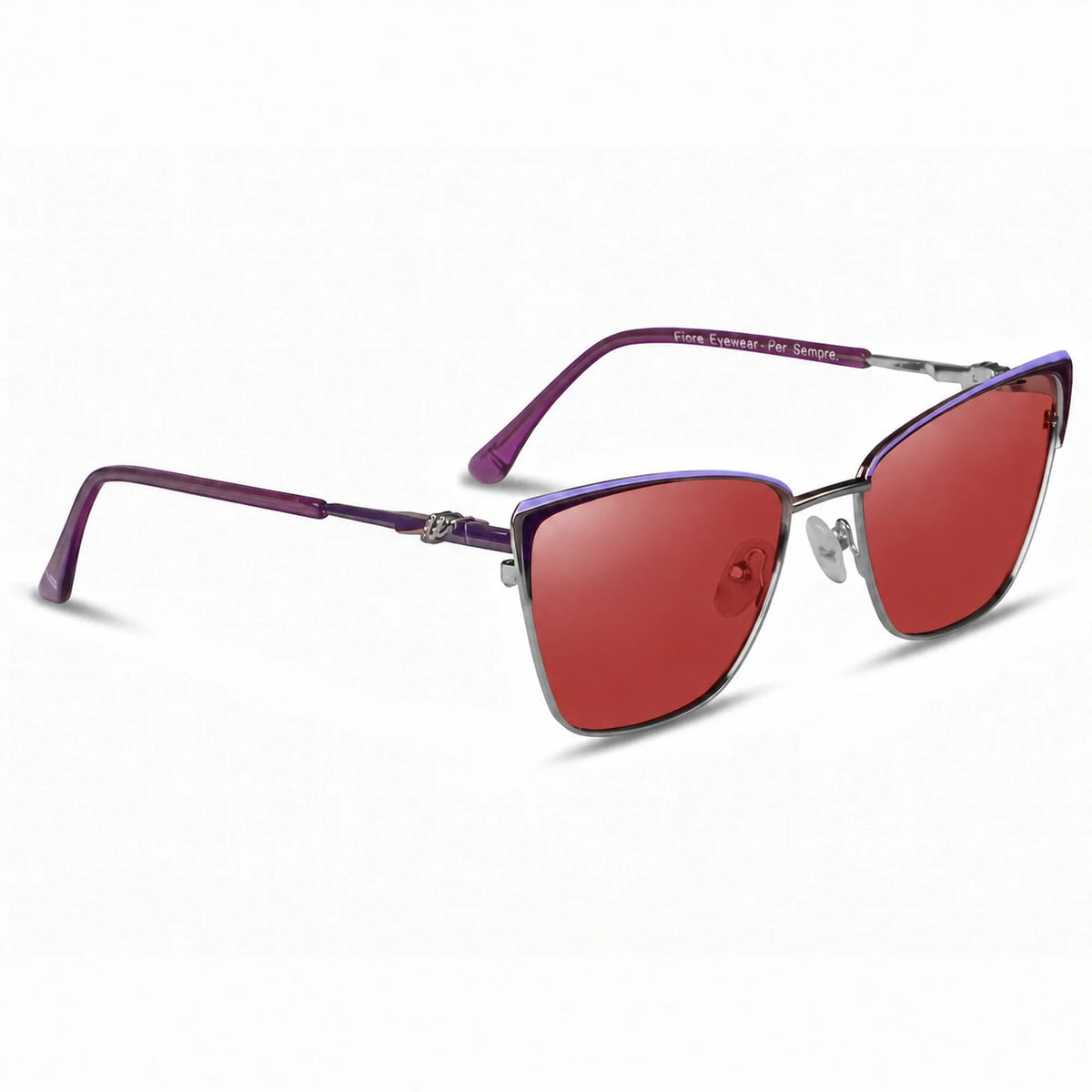 Lentes de sol Fiore 3839 Morado con cristal rojo polarizado UV400, vista en tres cuartos para mujer #color_rojo