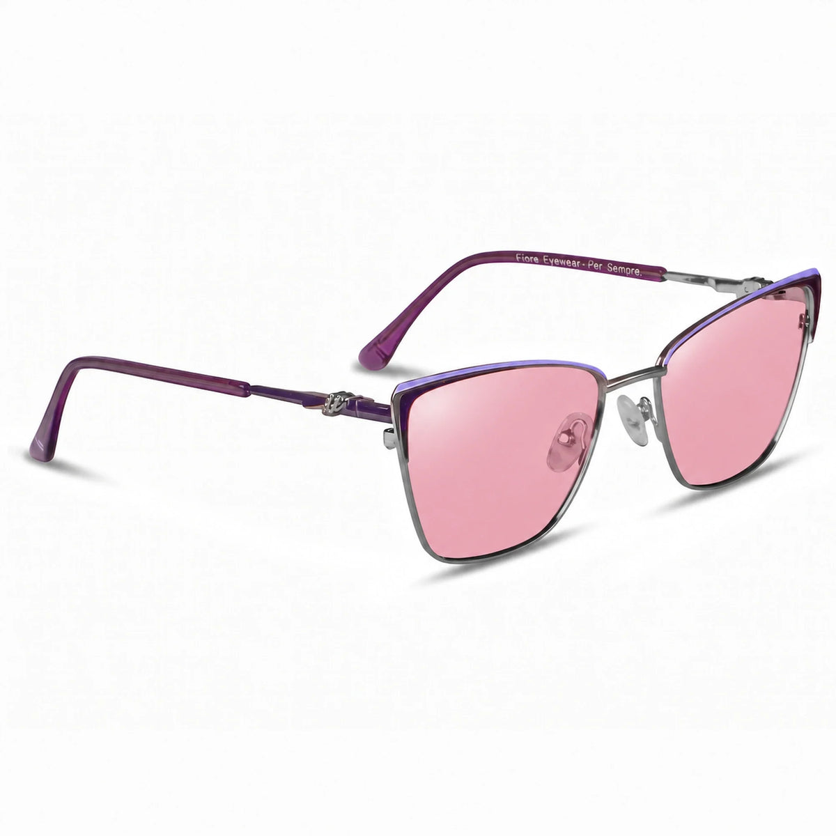 Lentes de sol Fiore 3839 Morado con cristal rosado polarizado UV400, vista en tres cuartos para mujer #color_rosado