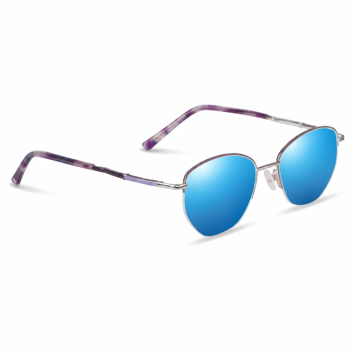 Lentes de sol Fiore 3921 Morado con cristal espejado azul polarizado UV400, vista en tres cuartos para mujer #color_espejado-azul