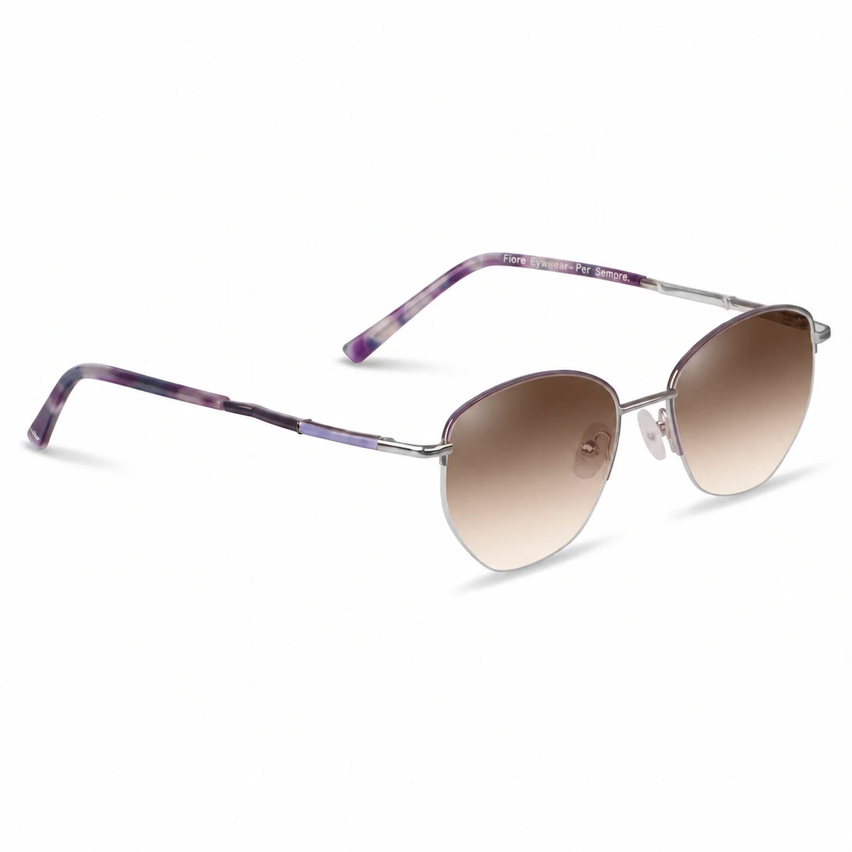 Lentes de sol Fiore 3921 Morado con cristal gradiente café polarizado UV400, vista en tres cuartos para mujer #color_gradiente-cafe