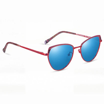 Lentes de sol Fiore 3983 Rojo con cristal espejado azul polarizado UV400, vista en tres cuartos para mujer #color_espejado-azul