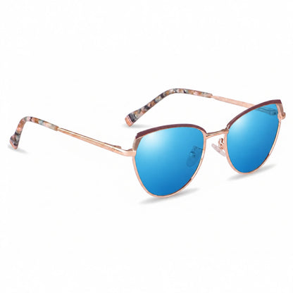 Lentes de sol Fiore 3983 Dorado con cristal espejado azul polarizado UV400, vista en tres cuartos para mujer #color_espejado-azul