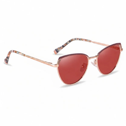 Lentes de sol Fiore 3983 Dorado con cristal rojo polarizado UV400, vista en tres cuartos para mujer #color_rojo
