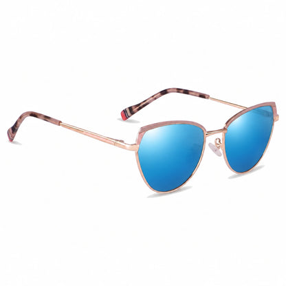 Lentes de sol Fiore 3983 Rosado con cristal espejado azul polarizado UV400, vista en tres cuartos para mujer #color_espejado-azul