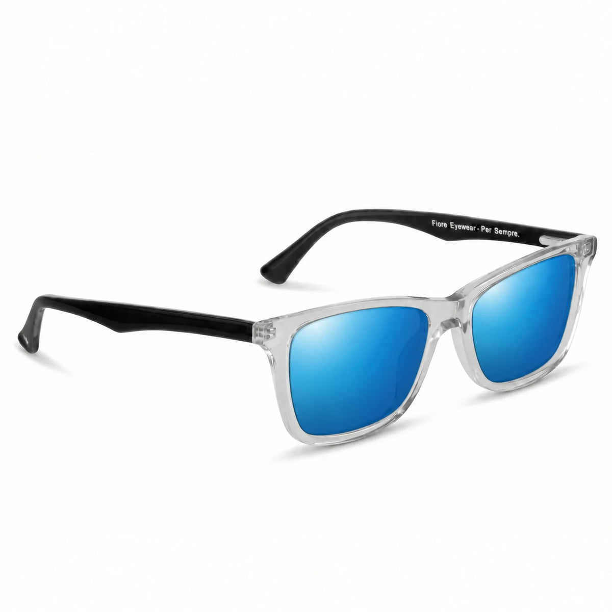 Lentes de sol Fiore 5228 Transparente con cristal espejado azul polarizado UV400, vista en tres cuartos para hombre y mujer #color_espejado-azul