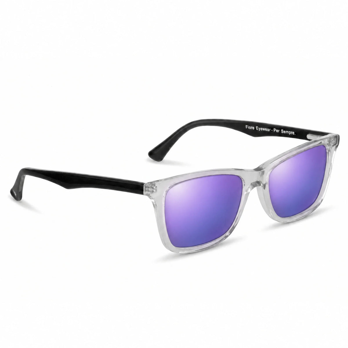 Lentes de sol Fiore 5228 Transparente con cristal espejado morado polarizado UV400, vista en tres cuartos para hombre y mujer #color_espejado-morado