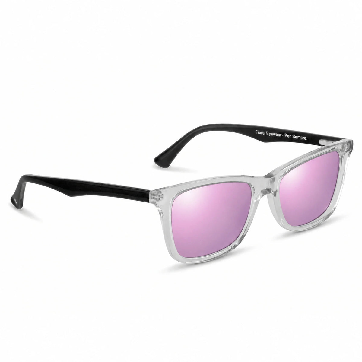 Lentes de sol Fiore 5228 Transparente con cristal espejado rosado polarizado UV400, vista en tres cuartos para hombre y mujer #color_espejado-rosado