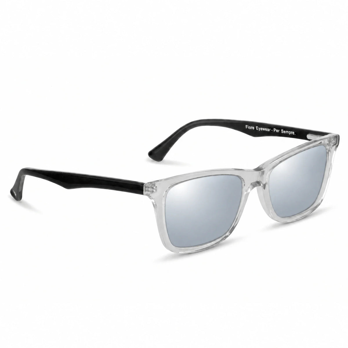 Lentes de sol Fiore 5228 Transparente con cristal espejado silver polarizado UV400, vista en tres cuartos para hombre y mujer #color_espejado-silver
