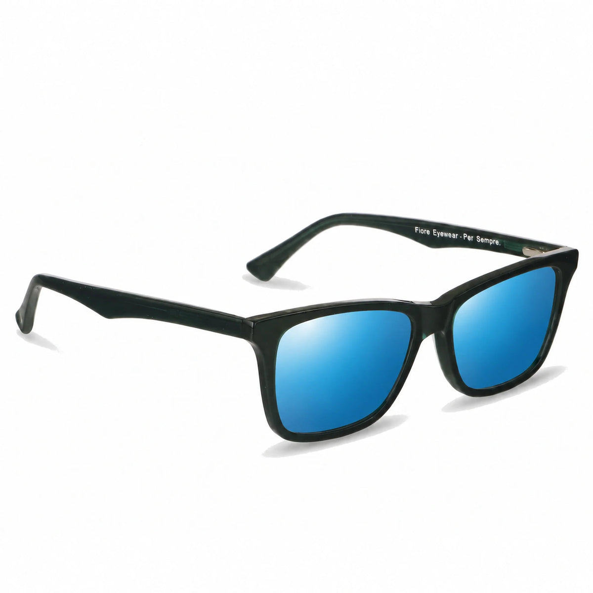Lentes de sol Fiore 5228 Verde con cristal espejado azul polarizado UV400, vista en tres cuartos para hombre y mujer #color_espejado-azul