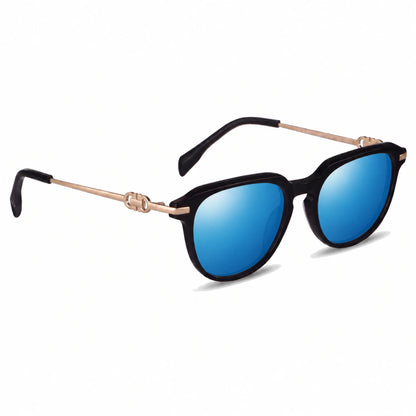 Lentes de sol Fiore 5409 Negro con cristal espejado azul polarizado UV400, vista en tres cuartos para mujer #color_espejado-azul