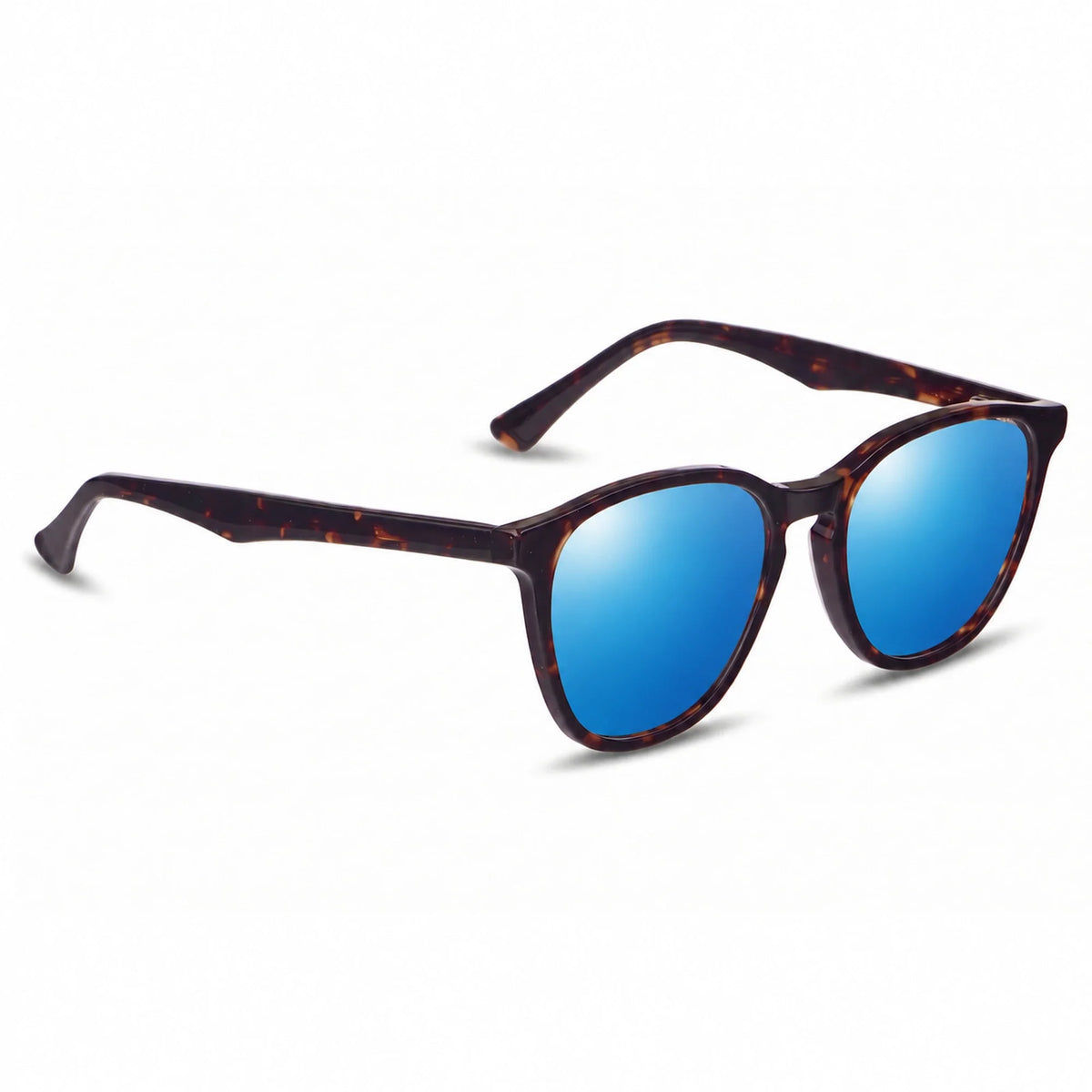 Lentes de sol Fiore 7046 Carey con cristal espejado azul polarizado UV400, vista en tres cuartos para hombre y mujer #color_espejado-azul