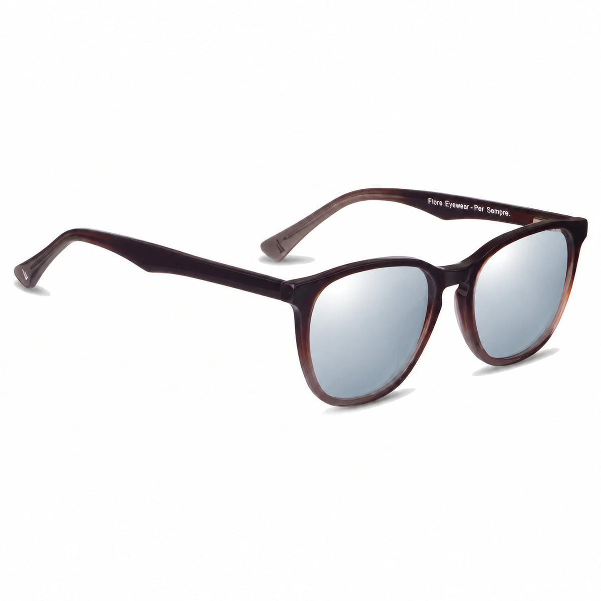 Lentes de sol Fiore 7046 Brown con cristal espejado silver polarizado UV400, vista en tres cuartos para hombre y mujer #color_espejado-silver