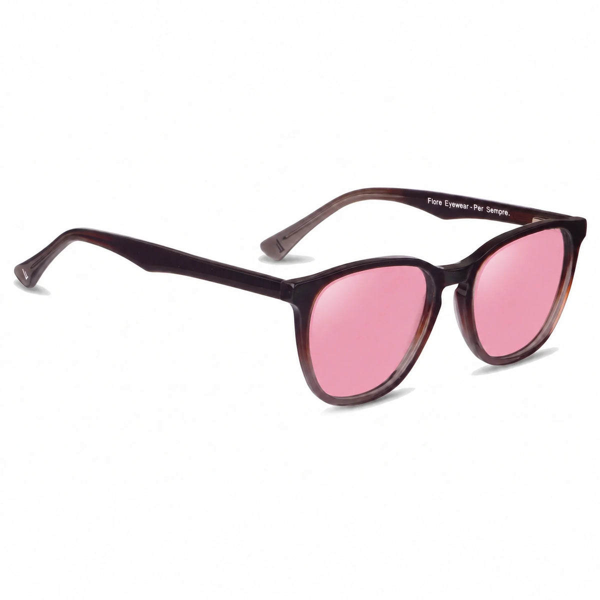 Lentes de sol Fiore 7046 Brown con cristal rosado polarizado UV400, vista en tres cuartos para hombre y mujer #color_rosado