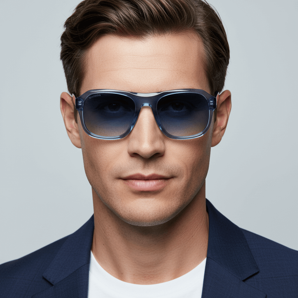una modelo hombre usando lentes de sol rectangulares bonoboss oversized xl #color_azul