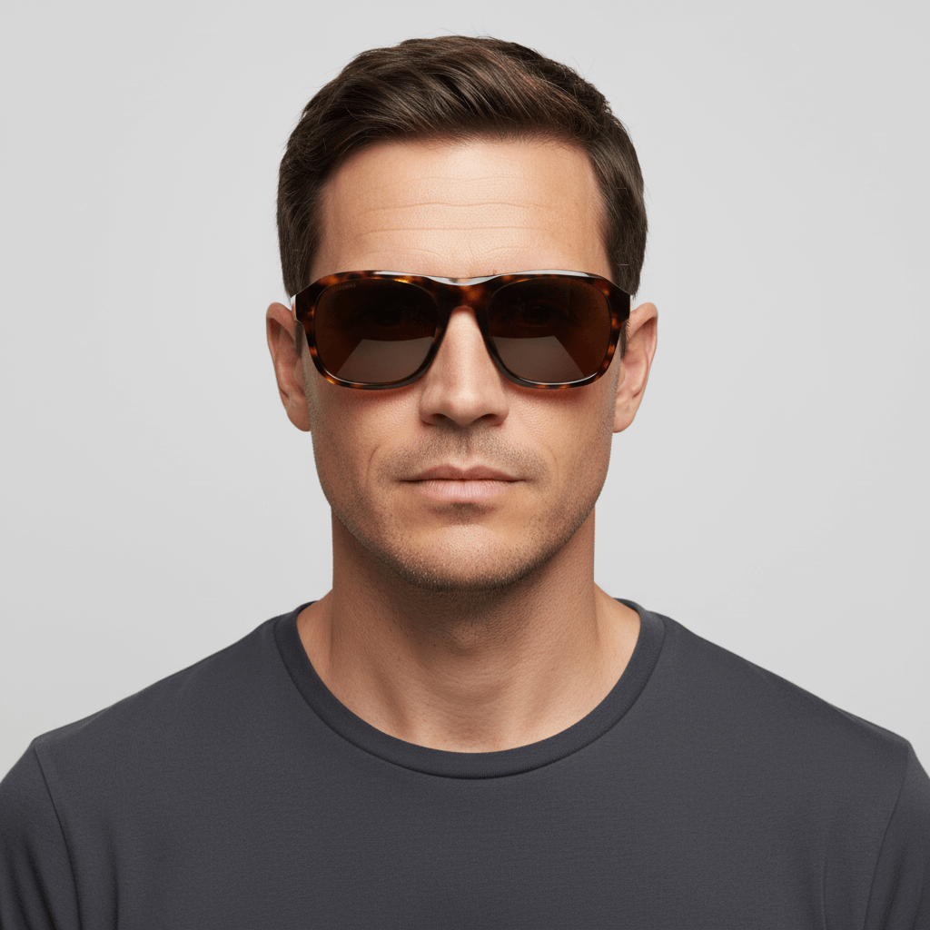 una modelo hombre usando lentes de sol rectangulares bonoboss oversized xl #color_carey