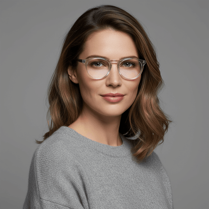 la vista frontal de una mujer de cara ovalada redonda grande y pelo ondulado suelto usando armazones marcos opticos con receta y antireflejo Bonoboss en acetato sustentable biodegradable de forma redonda y #color_transparente
