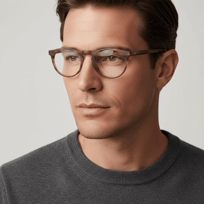 la vista lateral de un hombre de cara ovalada grande usando armazones marcos opticos con receta y antireflejo Bonoboss en acetato sustentable biodegradable de forma redonda y #color_brown