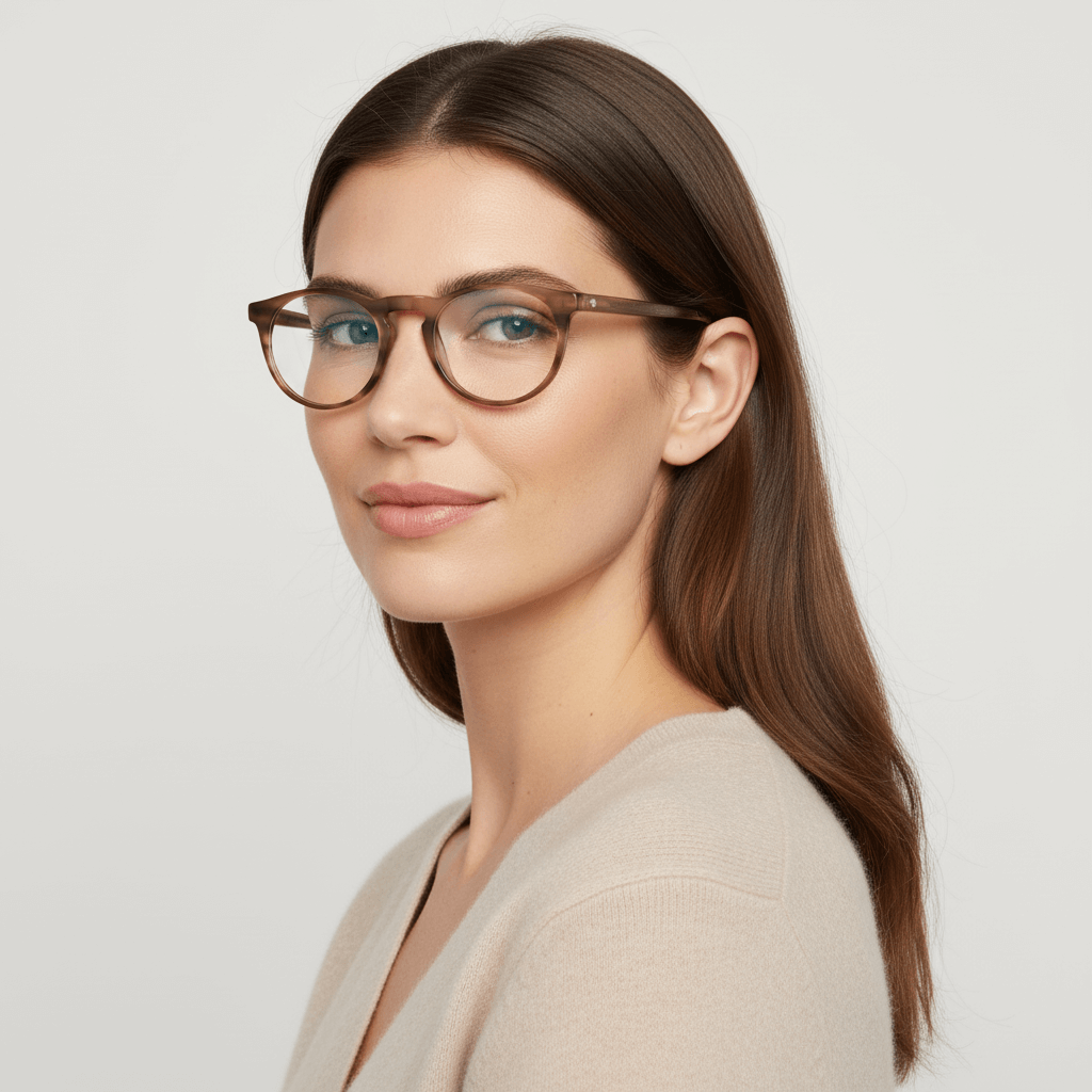 la vista lateral de una mujer de cara ovalada grande usando armazones marcos opticos con receta y antireflejo Bonoboss en acetato sustentable biodegradable de forma redonda y #color_brown